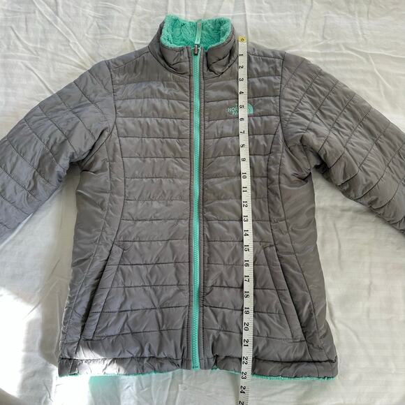 The North Face Grey Green Fleece Lined Reversible Girls Jacket USL 14-16 - Picture 5 of 9